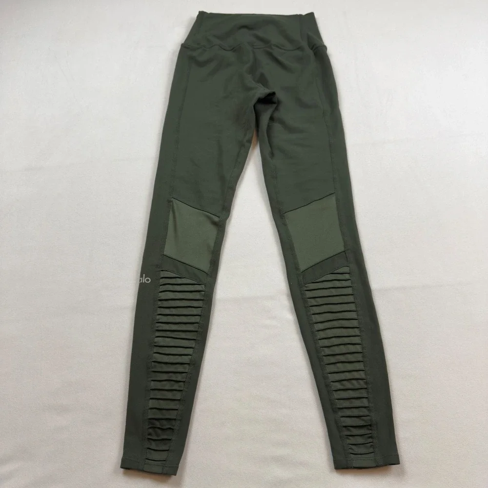 Alo Yoga High-Waist Moto Leggings Forest‎ Green Quilted Panels Womens XXS EUC